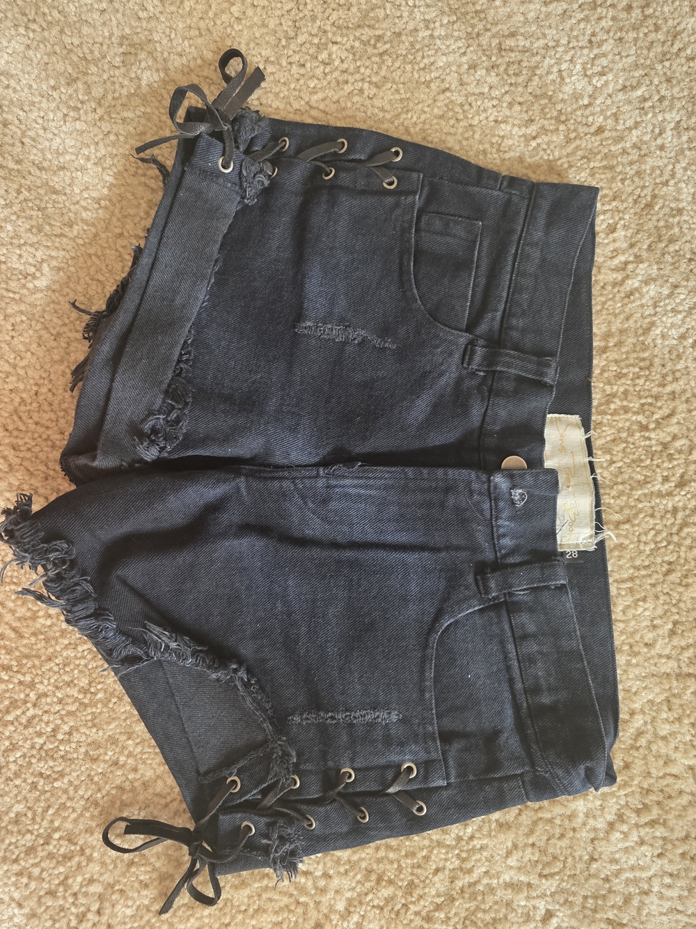 7 For All Mankind Black Denim Lace-Up Shorts